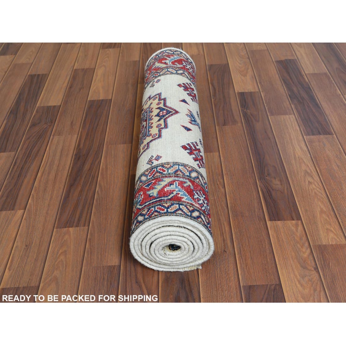 Ivory Geometric Design Special Kazak Hand Knotted Wool Oriental Rug - 5