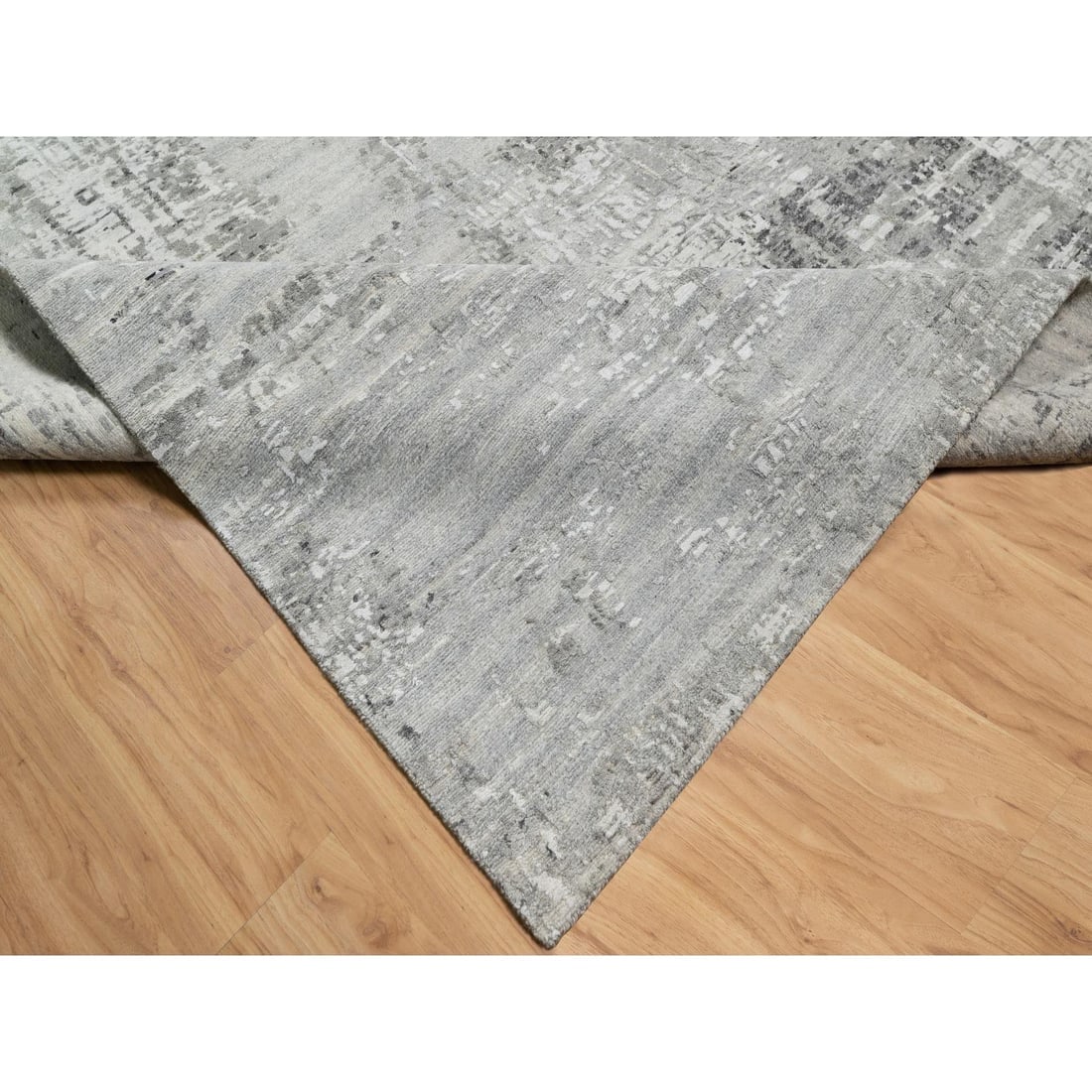 Gray, Hand Spun, Modern, Hand Knotted, Undyed Natural Wool, Square Rug - 6