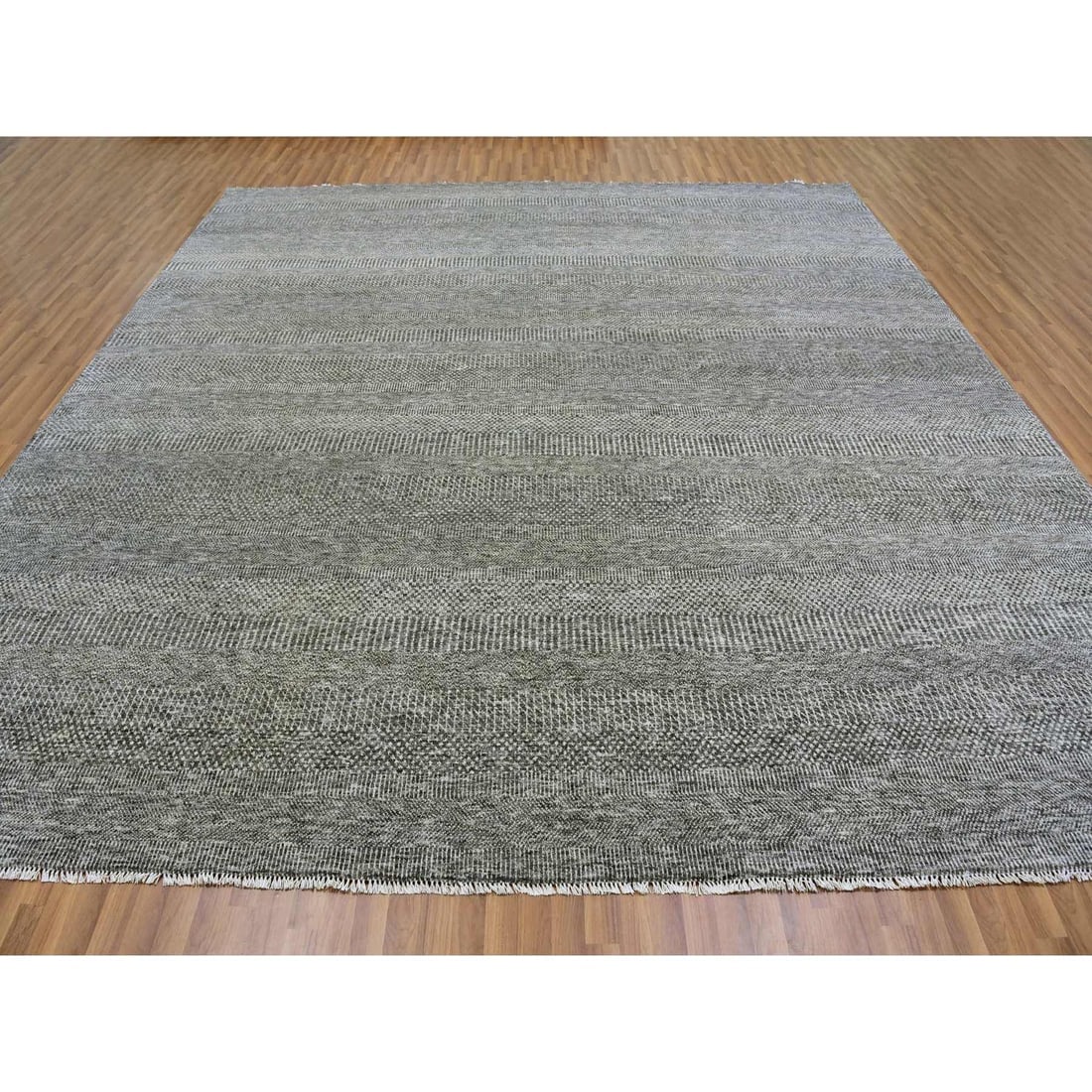 Neutral Gray Hand Knotted Grass Design Natural Undyed Wool Square Rug - 2