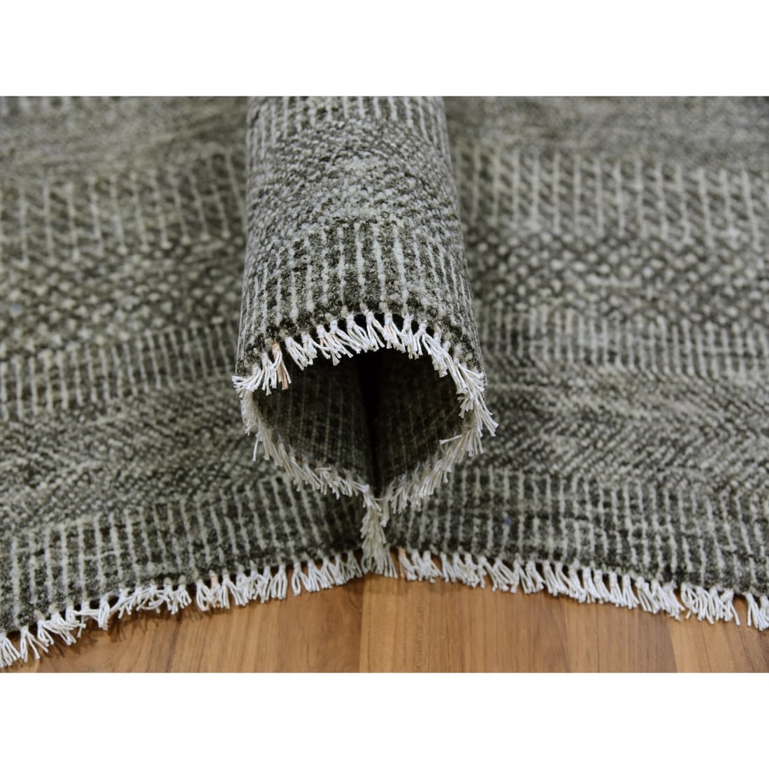 Neutral Gray Hand Knotted Grass Design Natural Undyed Wool Square Rug - 5