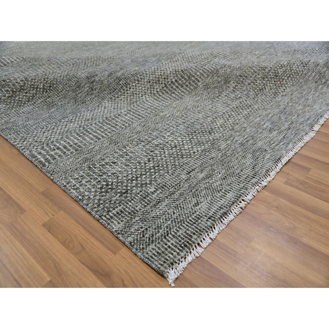 Neutral Gray Hand Knotted Grass Design Natural Undyed Wool Square Rug - 6