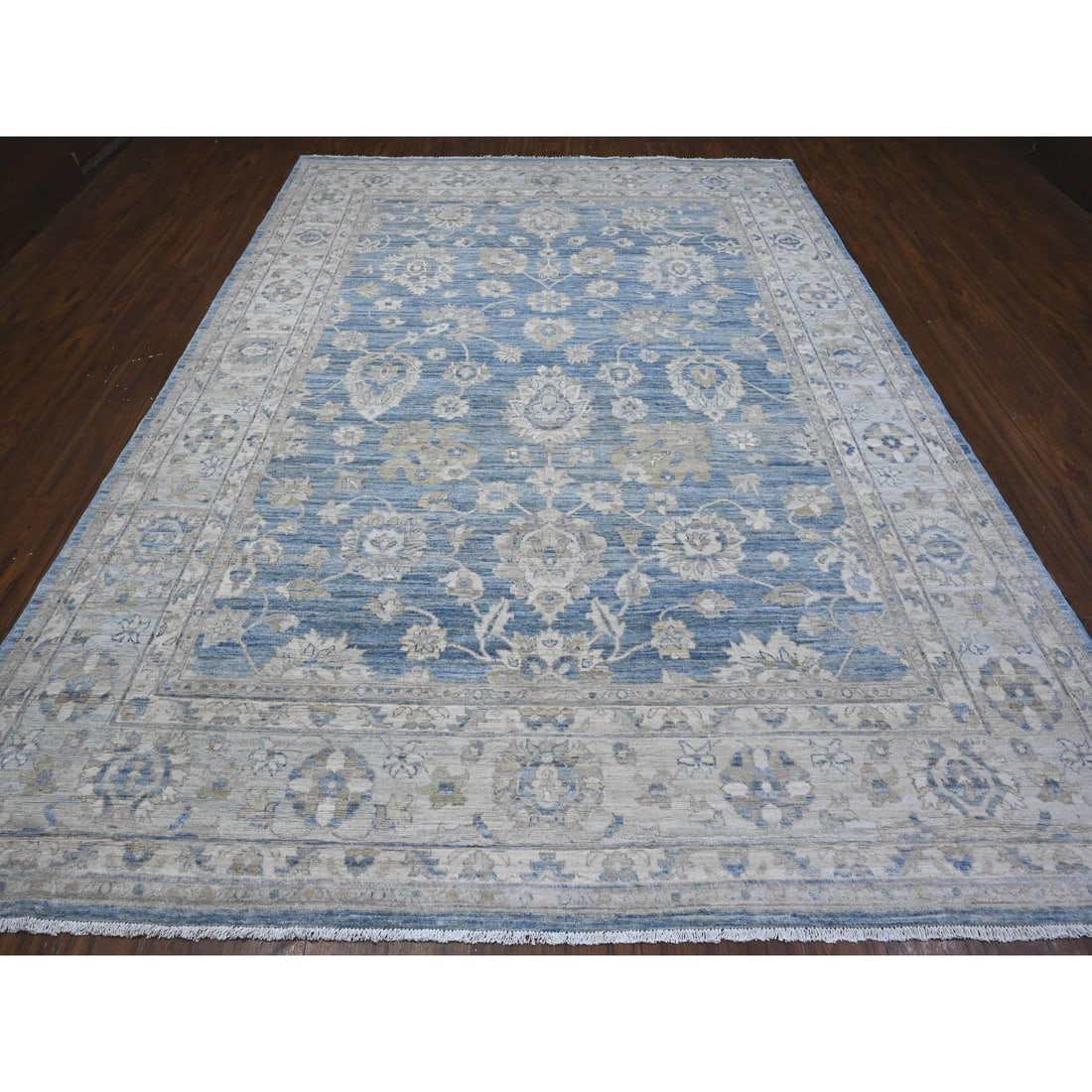 Pacific Blue Hand Knotted Fine Peshawar Mahal Design Wool Oriental Rug - 2