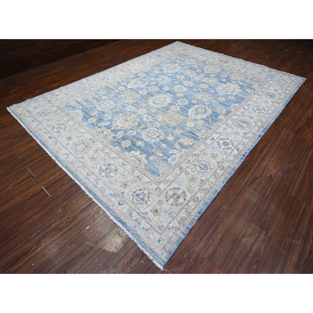 Pacific Blue Hand Knotted Fine Peshawar Mahal Design Wool Oriental Rug - 3