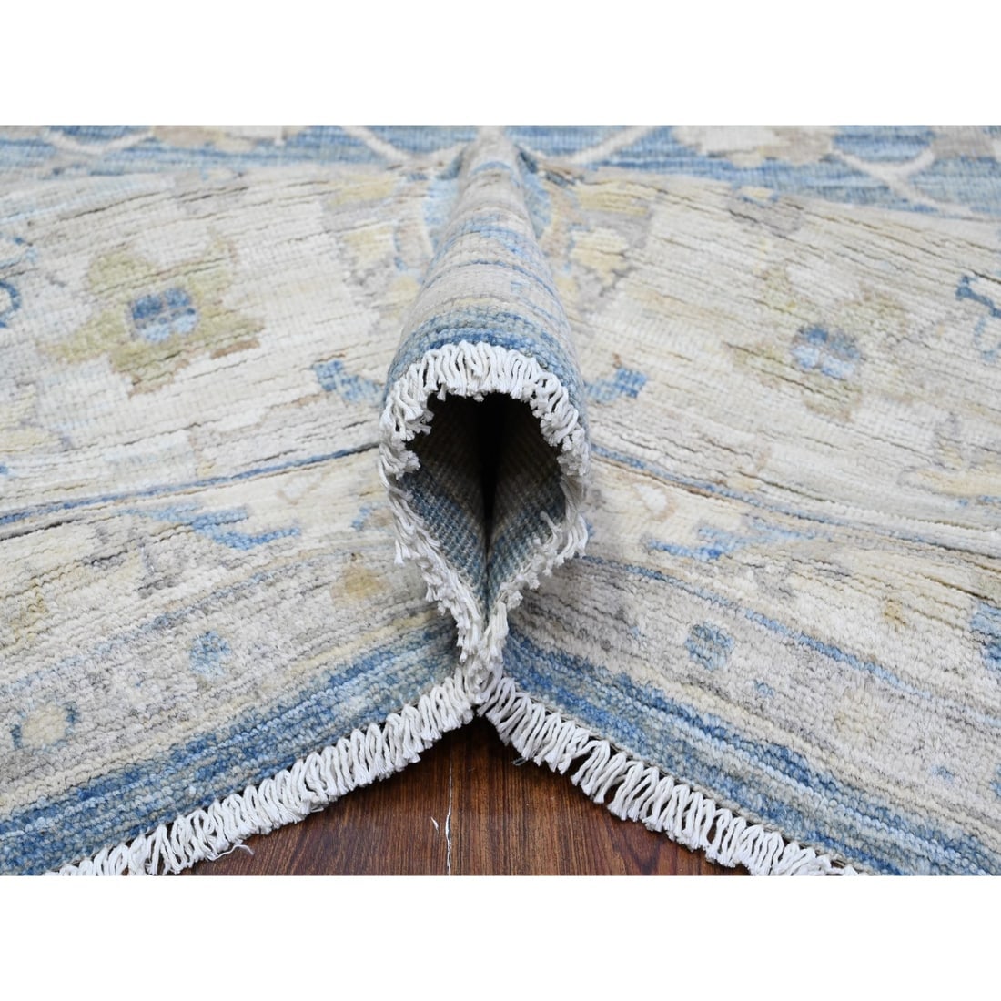 Pacific Blue Hand Knotted Fine Peshawar Mahal Design Wool Oriental Rug - 5