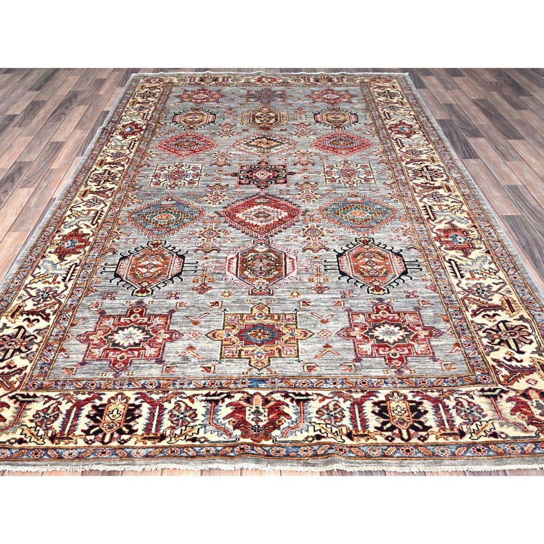 Metallic Gray Soft Wool Afghan Super Kazak Hand Knotted Oriental Rug - 2
