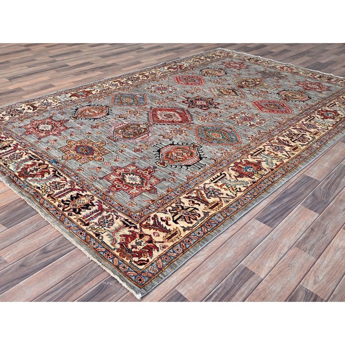 Metallic Gray Soft Wool Afghan Super Kazak Hand Knotted Oriental Rug - 3