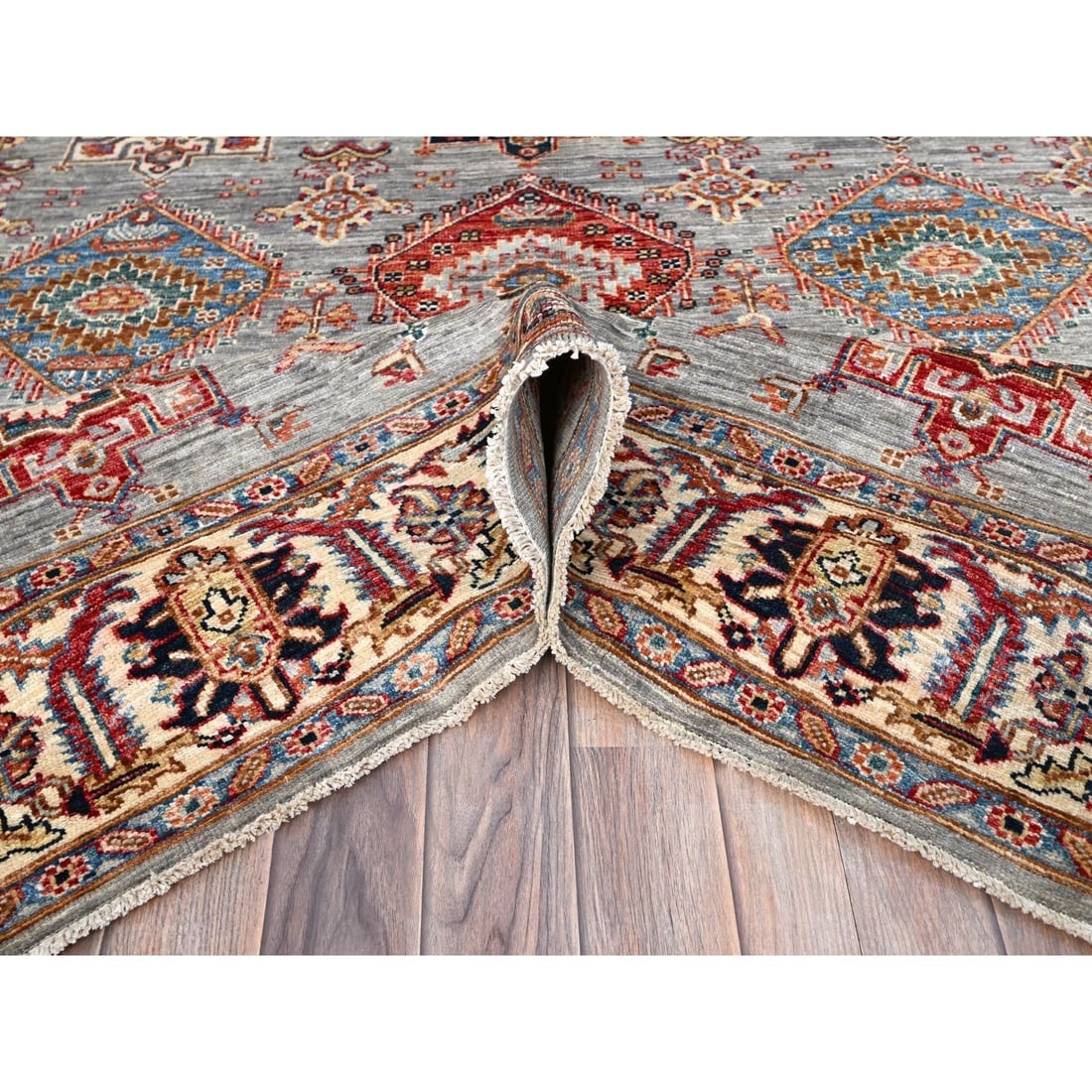 Metallic Gray Soft Wool Afghan Super Kazak Hand Knotted Oriental Rug - 5