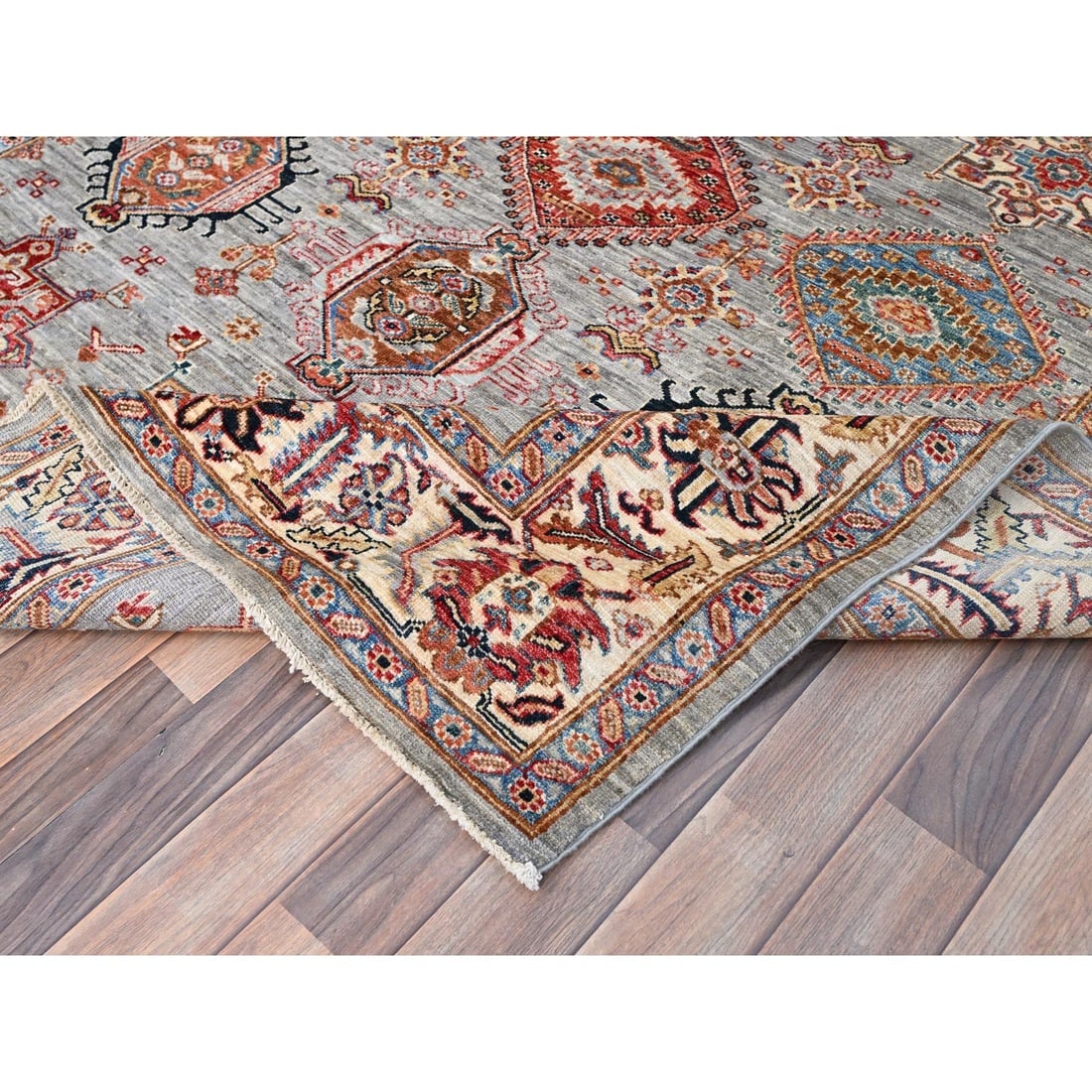 Metallic Gray Soft Wool Afghan Super Kazak Hand Knotted Oriental Rug - 6