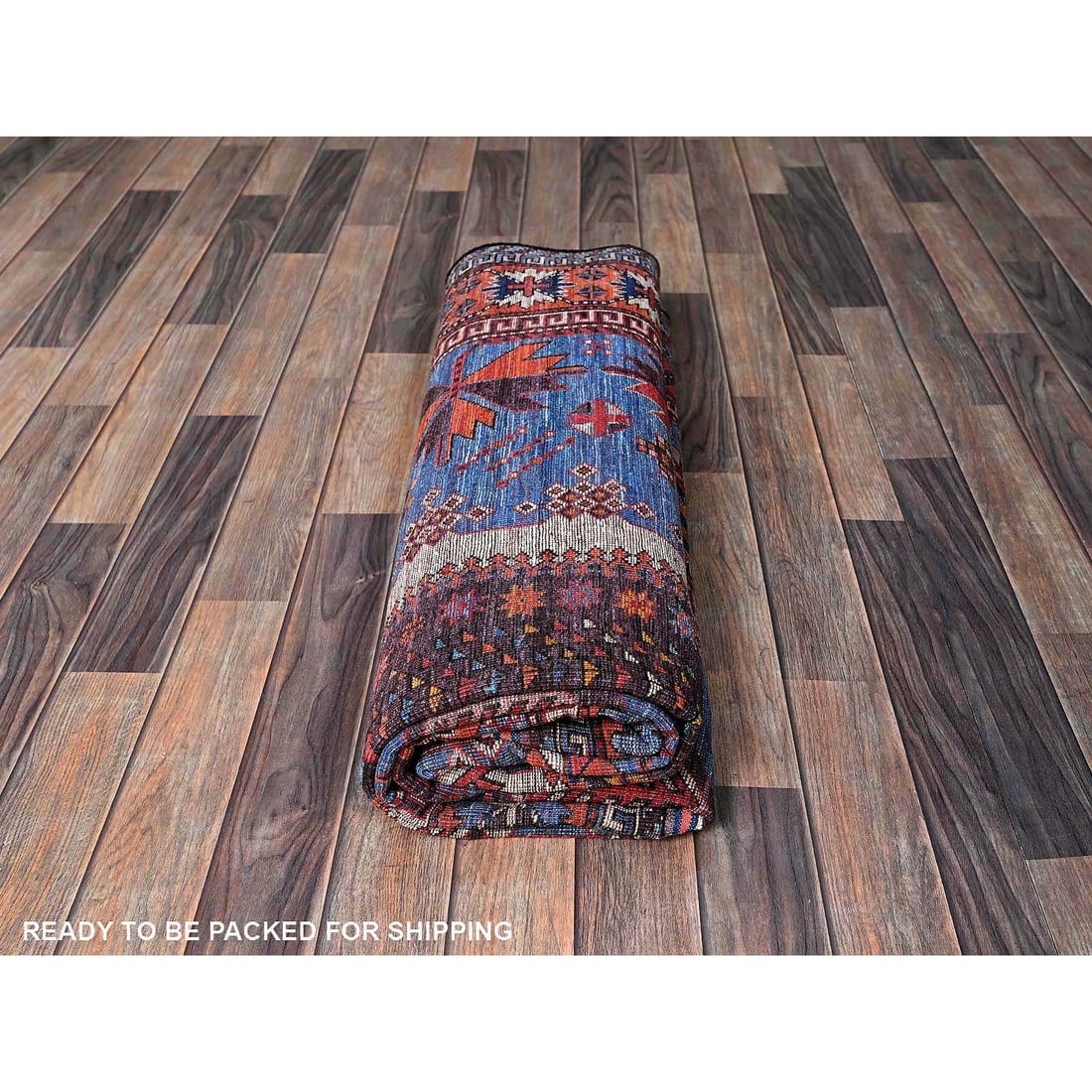 Blue Afghan Ersari with Caucasian Design Revival Hand Knotted Wool Rug - 10
