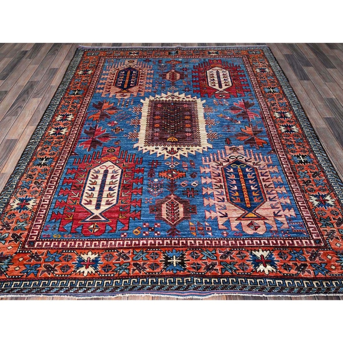 Blue Afghan Ersari with Caucasian Design Revival Hand Knotted Wool Rug - 3