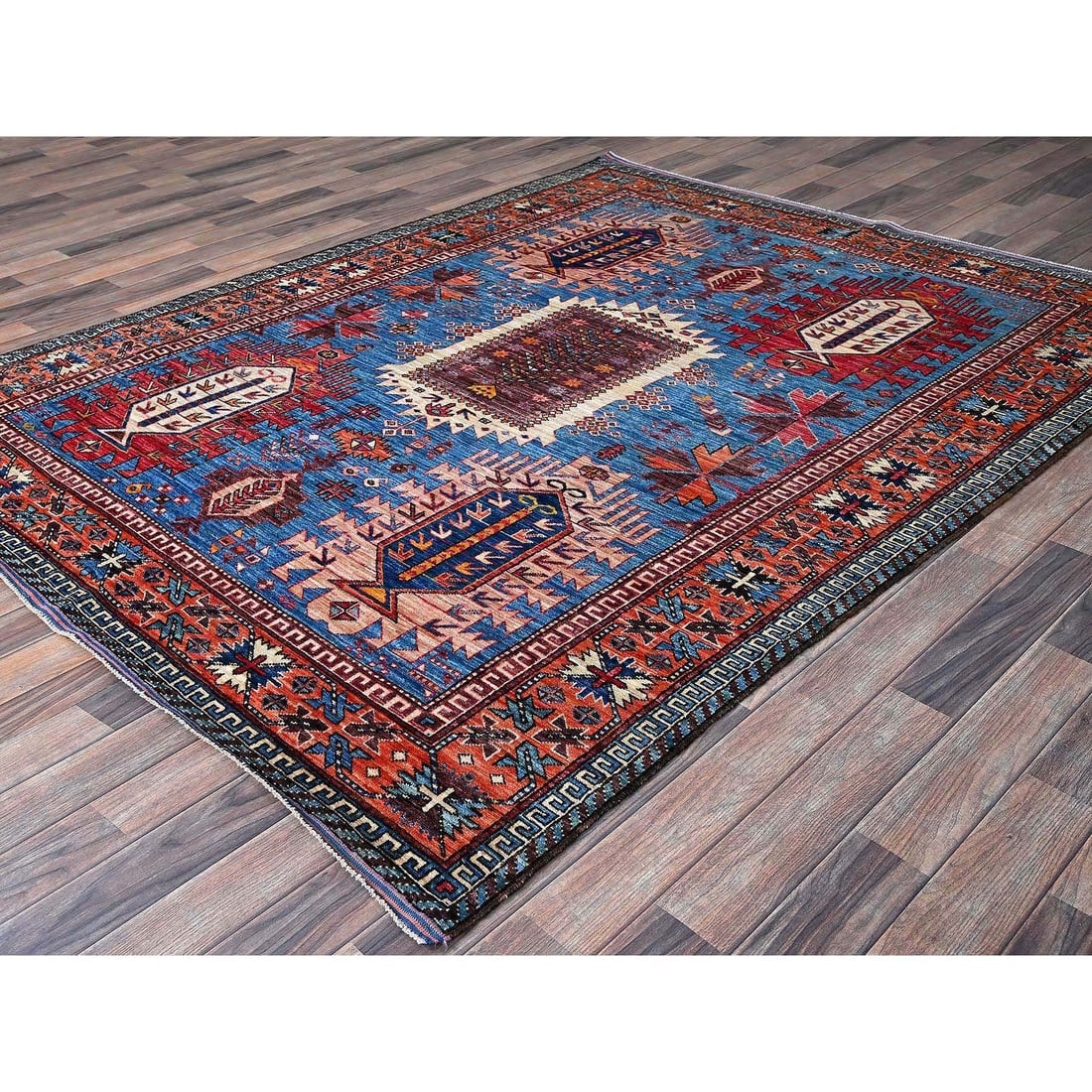 Blue Afghan Ersari with Caucasian Design Revival Hand Knotted Wool Rug - 4