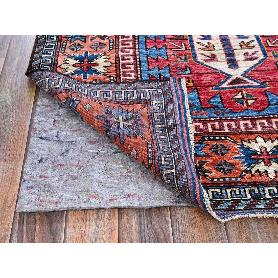 Blue Afghan Ersari with Caucasian Design Revival Hand Knotted Wool Rug - 5