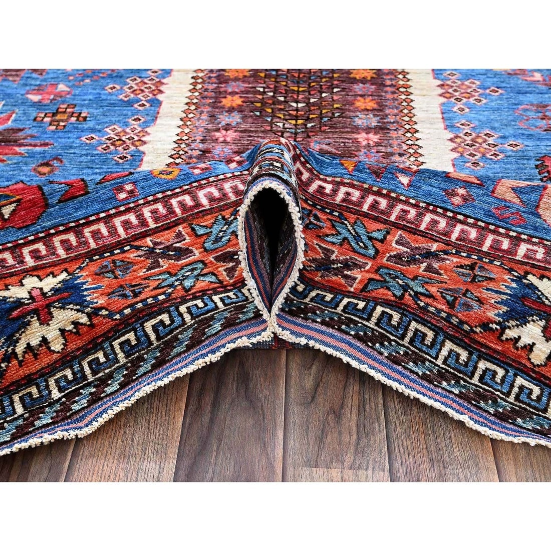 Blue Afghan Ersari with Caucasian Design Revival Hand Knotted Wool Rug - 6