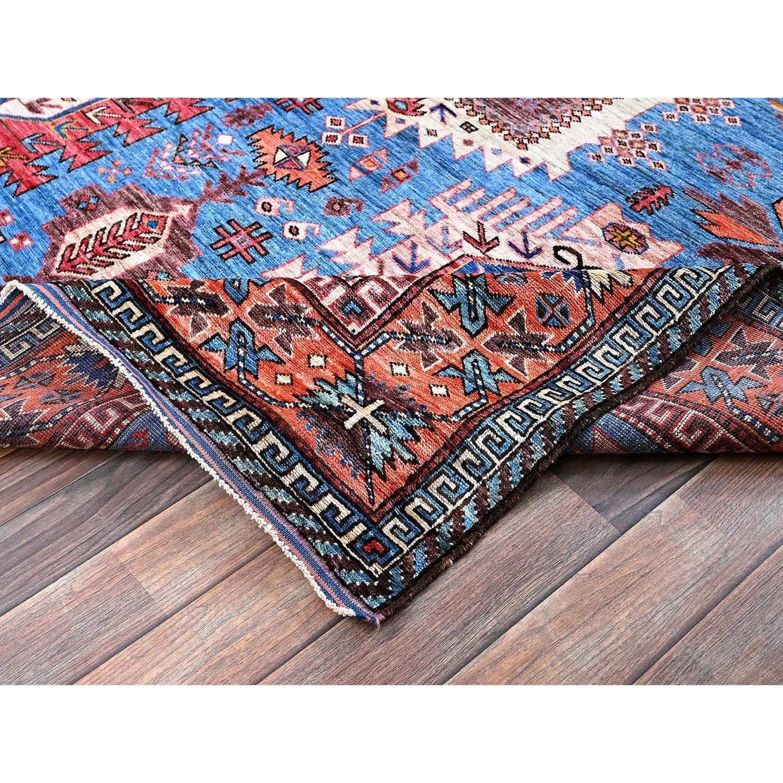 Blue Afghan Ersari with Caucasian Design Revival Hand Knotted Wool Rug - 7