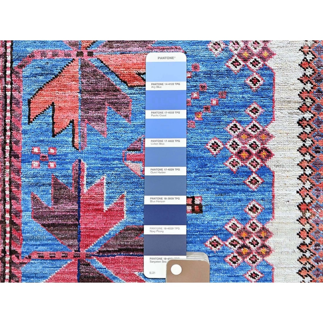 Blue Afghan Ersari with Caucasian Design Revival Hand Knotted Wool Rug - 8