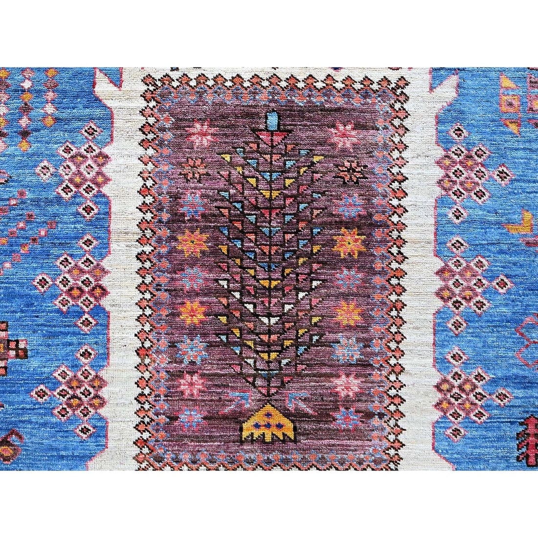 Blue Afghan Ersari with Caucasian Design Revival Hand Knotted Wool Rug - 9