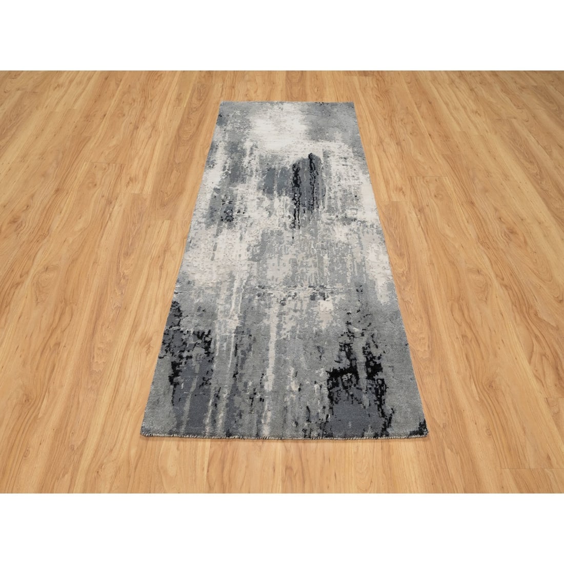 Sable Black Abstract Design Wool and Silk Hand Knotted Runner Rug - 2