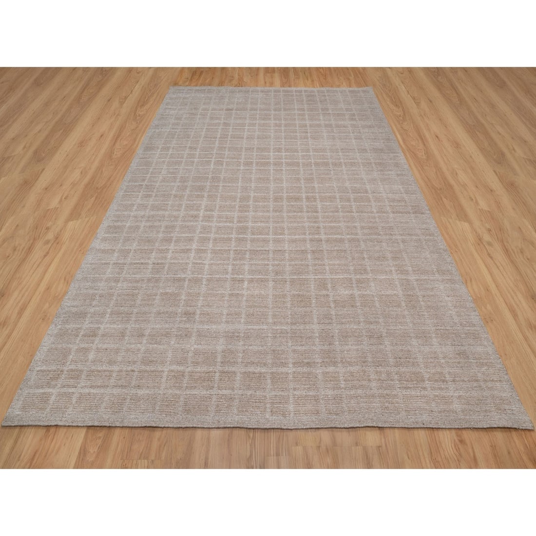 Beaver Brown Hand Loomed Modern Grid Pattern Natural Wool Oriental Rug - 2