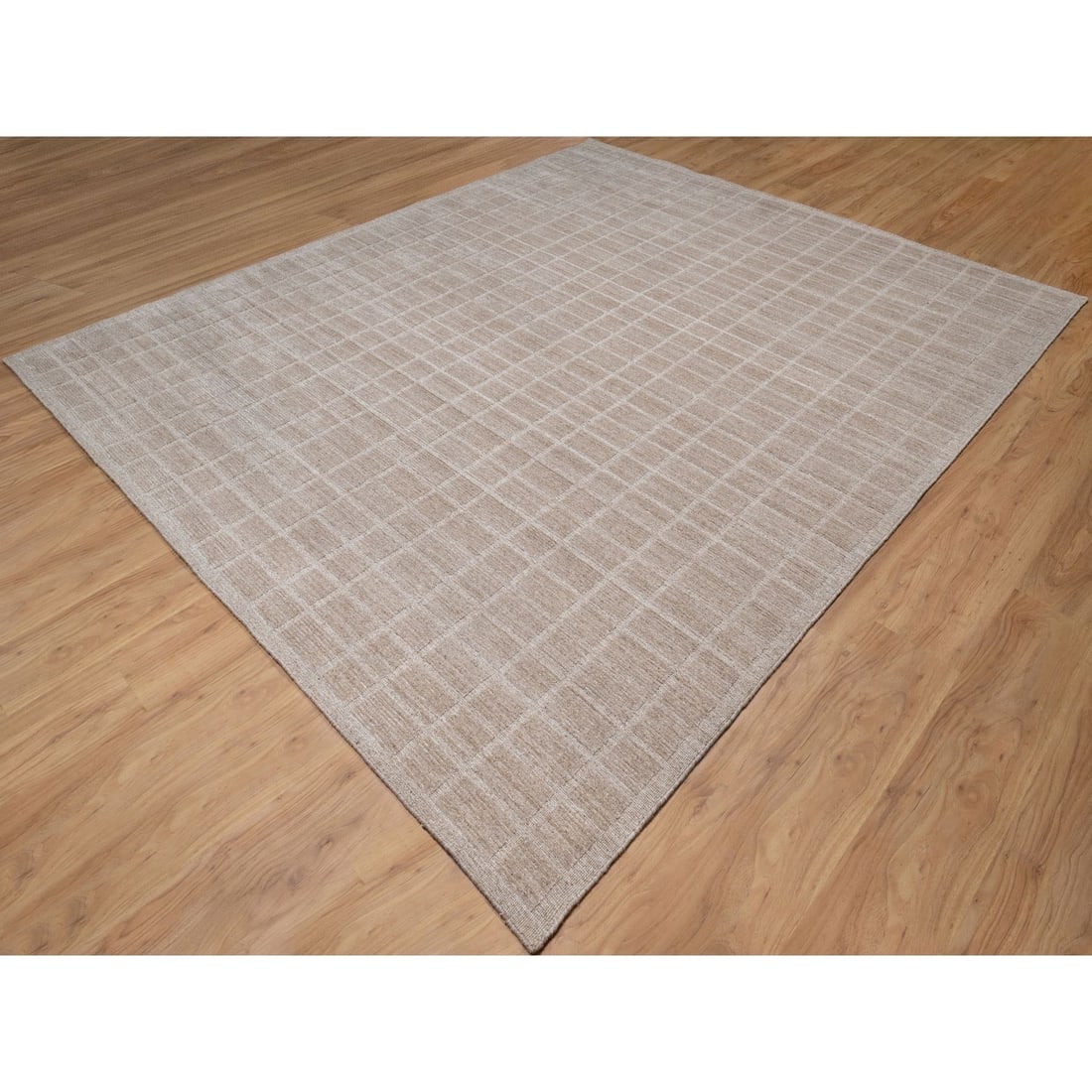 Beaver Brown Hand Loomed Modern Grid Pattern Natural Wool Oriental Rug - 3