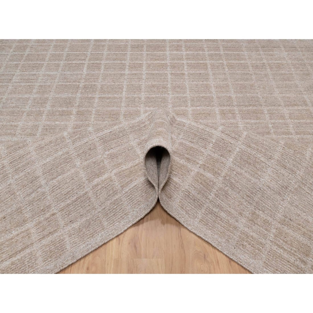 Beaver Brown Hand Loomed Modern Grid Pattern Natural Wool Oriental Rug - 5