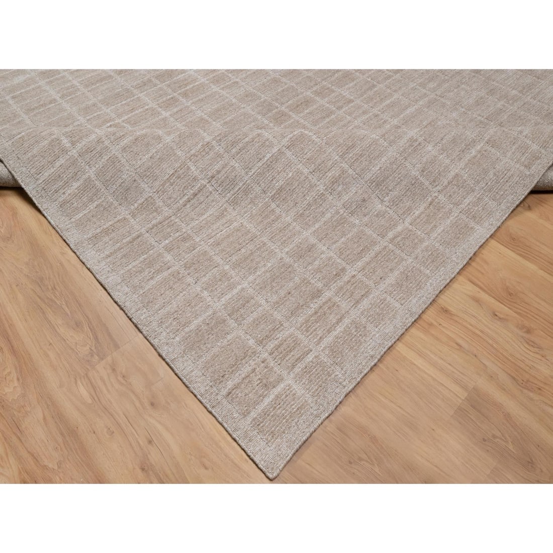 Beaver Brown Hand Loomed Modern Grid Pattern Natural Wool Oriental Rug - 6