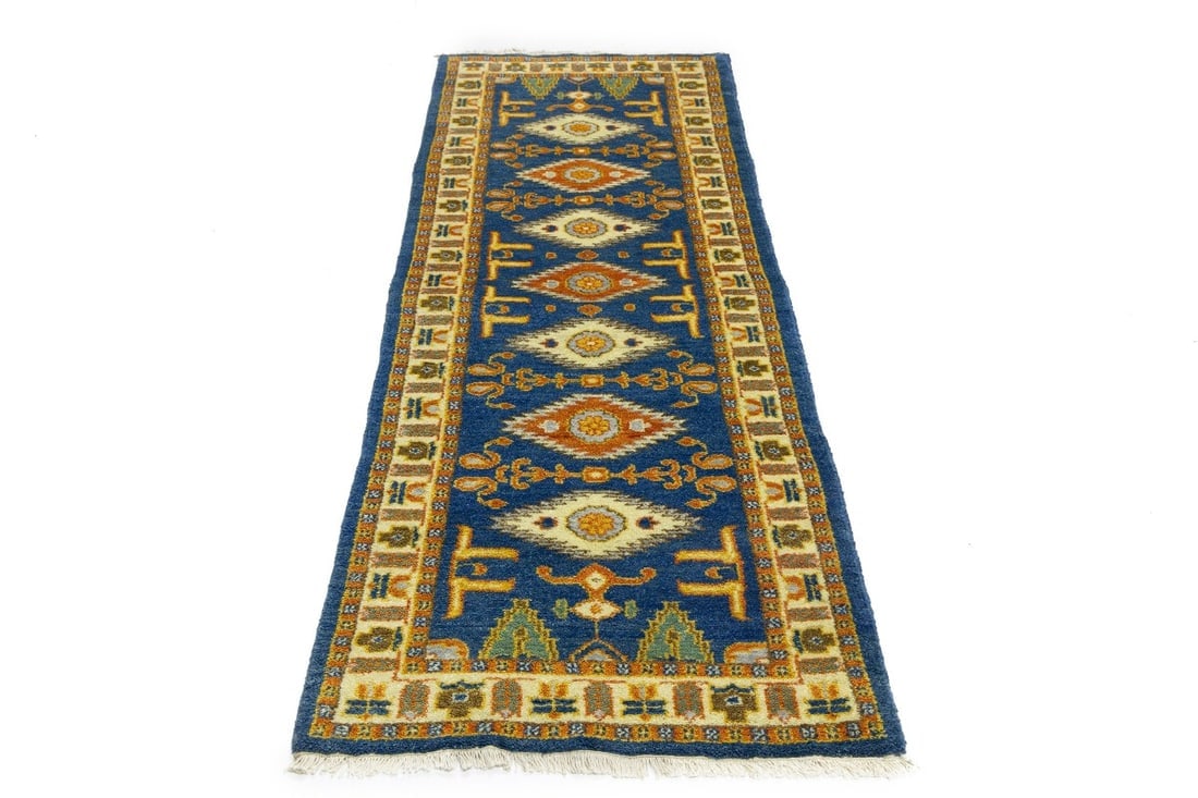 Blue Geometric 3X8 Kazak Oriental Runner Rug - 3