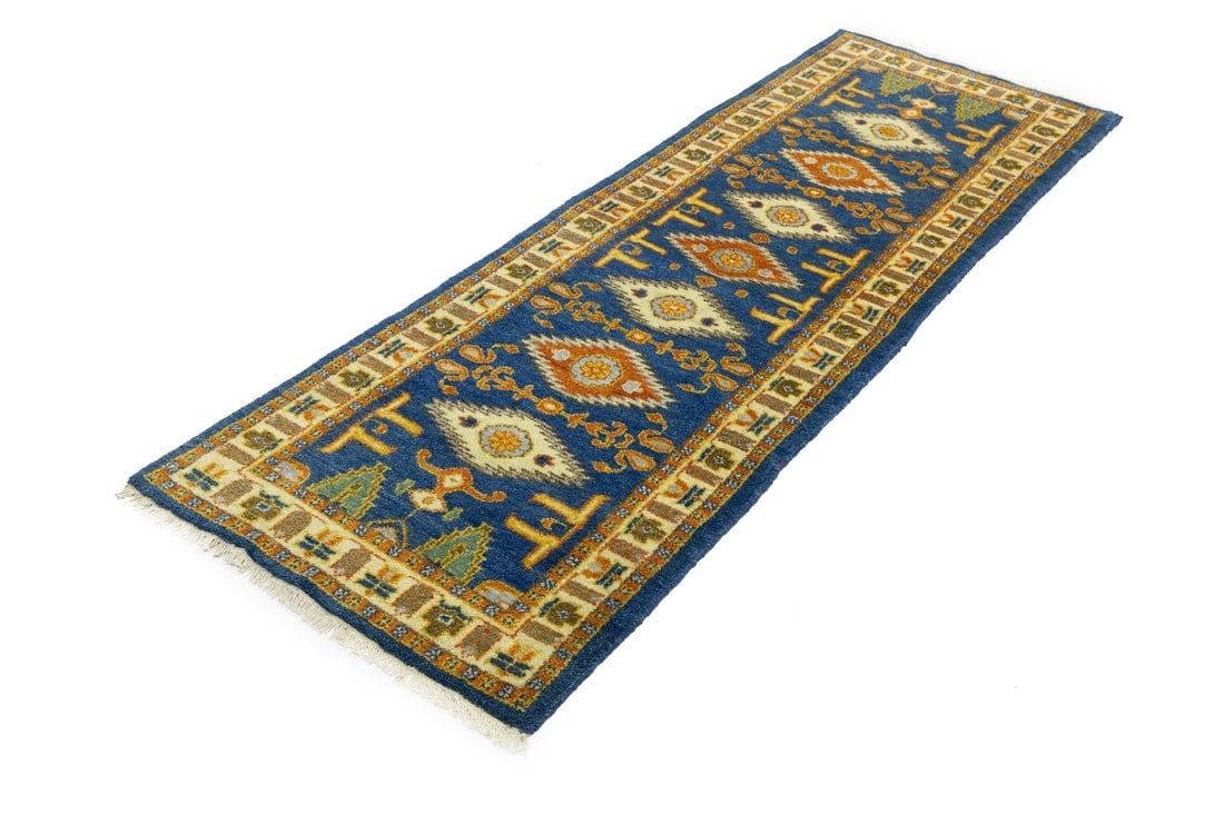 Blue Geometric 3X8 Kazak Oriental Runner Rug - 4