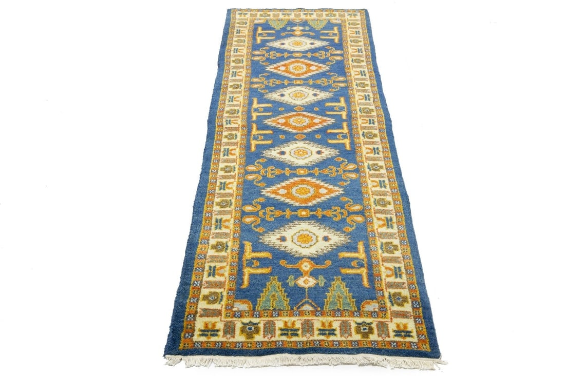 Blue Geometric 3X8 Kazak Oriental Runner Rug - 5