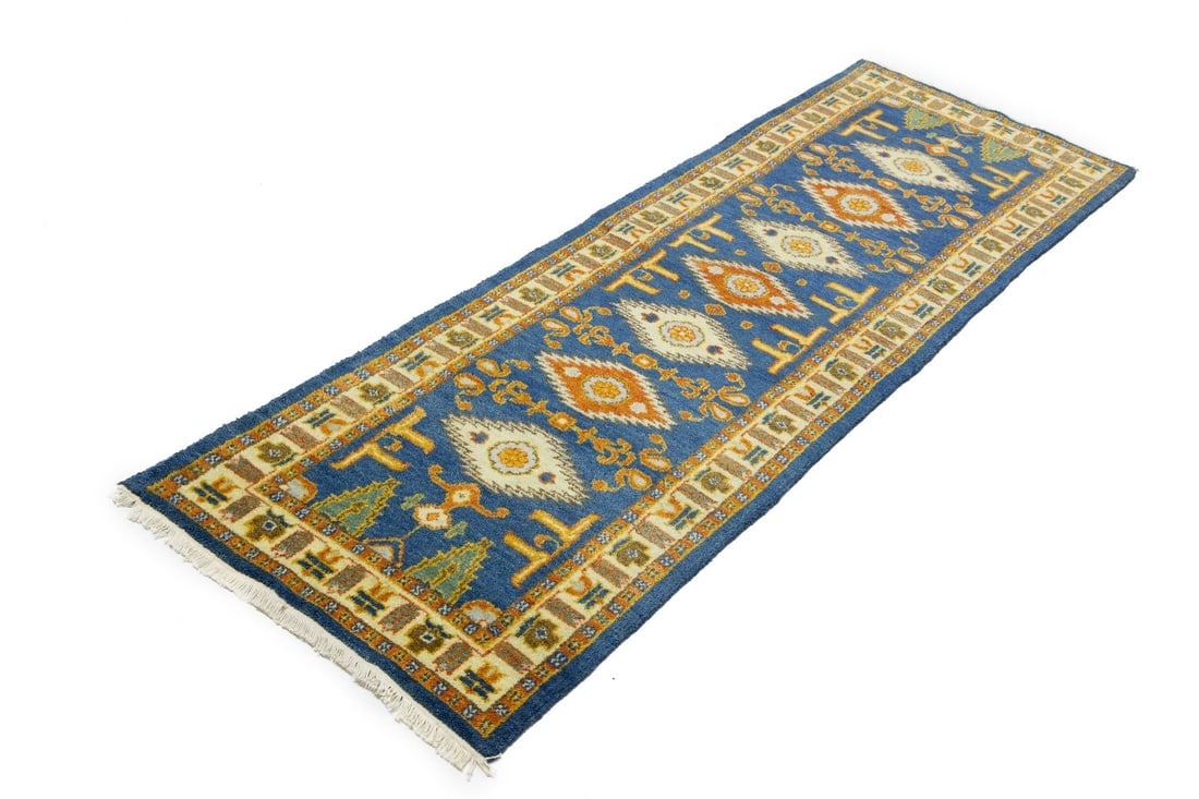 Blue Geometric 3X8 Kazak Oriental Runner Rug - 6