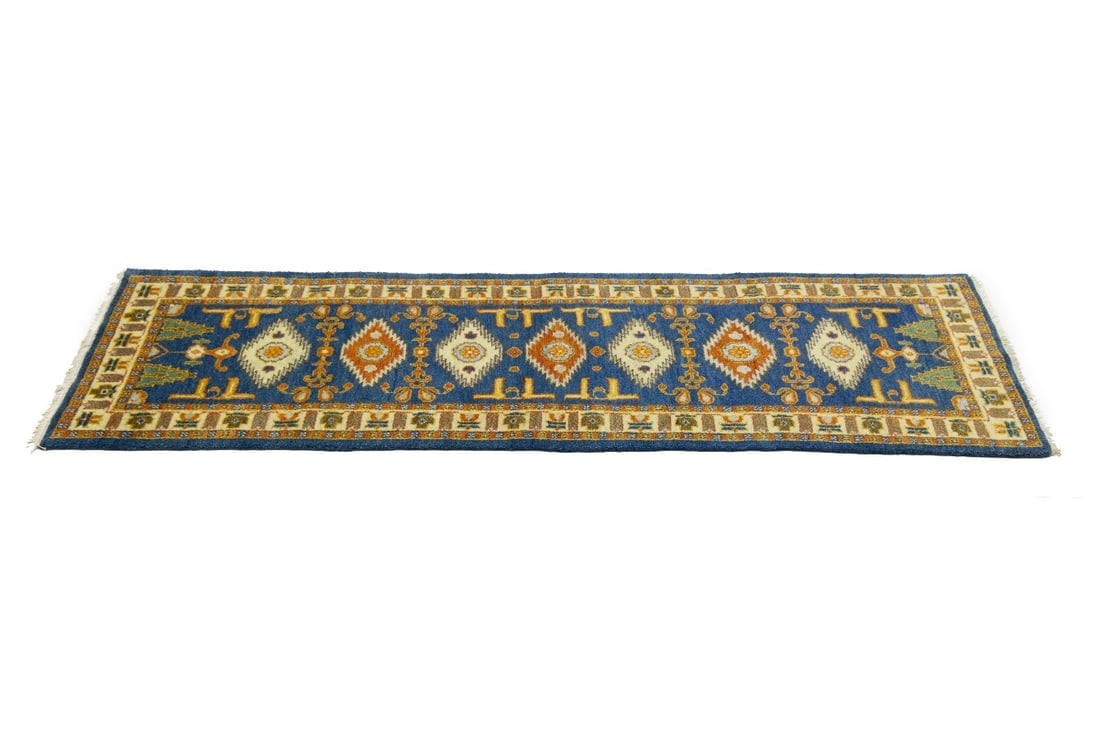 Blue Geometric 3X8 Kazak Oriental Runner Rug - 7