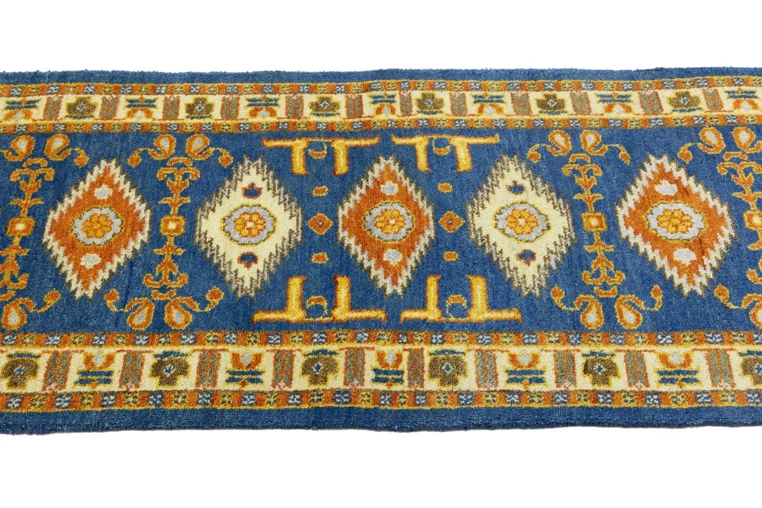 Blue Geometric 3X8 Kazak Oriental Runner Rug - 8