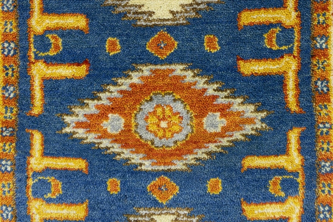 Blue Geometric 3X8 Kazak Oriental Runner Rug - 9
