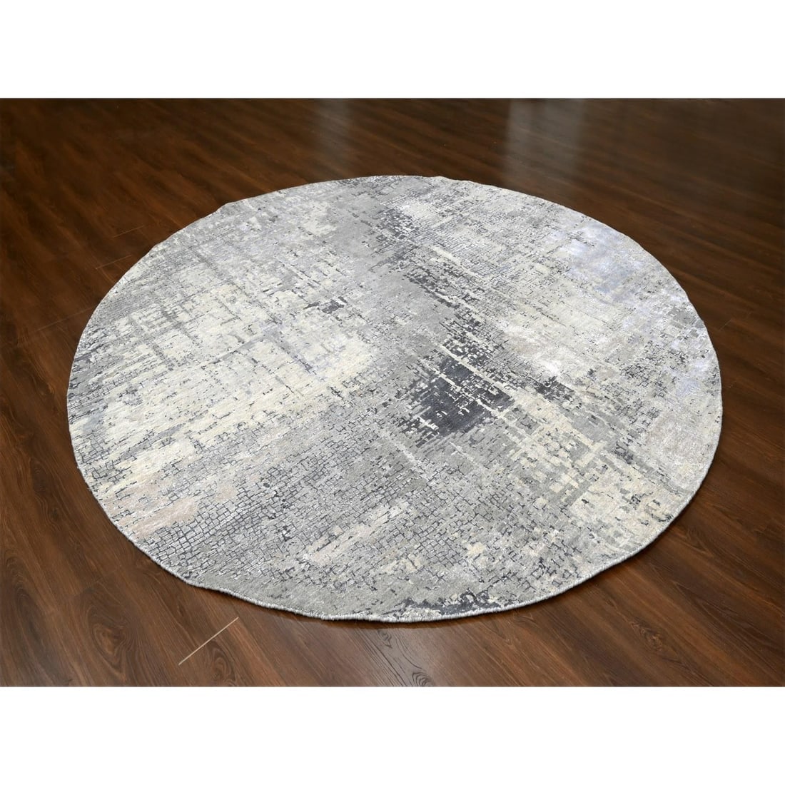 Cloud Gray, Hand Knotted, Abstract Design, Wool and Silk, Round Rug - 2
