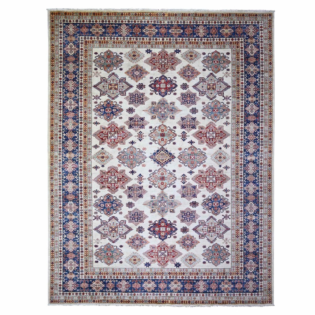 Smoky White Wool Hand Knotted Afghan Super Kazak Oriental Rug: Title: Smoky White Wool Hand Knotted Afghan Super Kazak Oriental Rug Description:This is a truly genuine one-of-a-kind. It has been Knotted for months and months in the centuries-old weaving craftsman