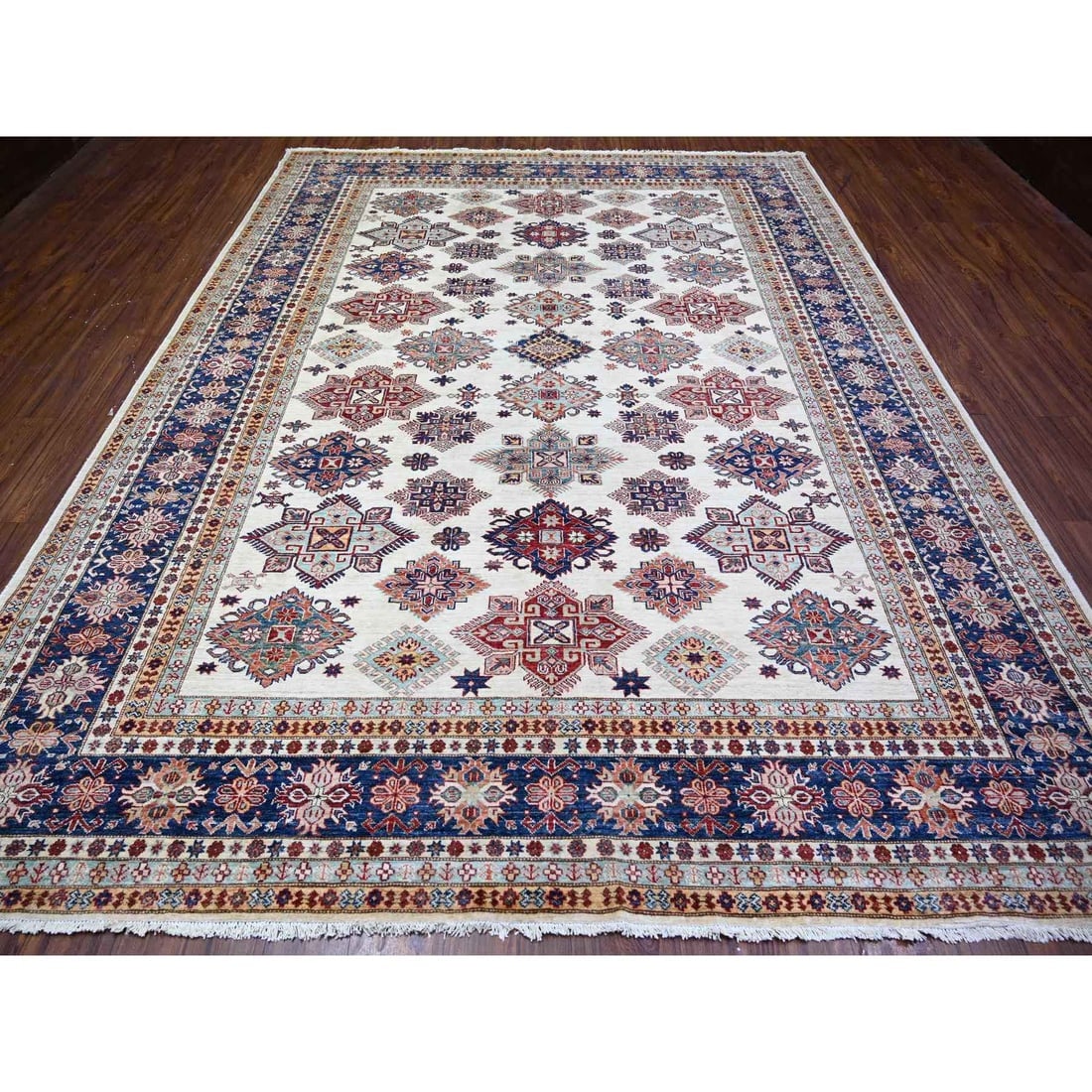 Smoky White Wool Hand Knotted Afghan Super Kazak Oriental Rug - 2