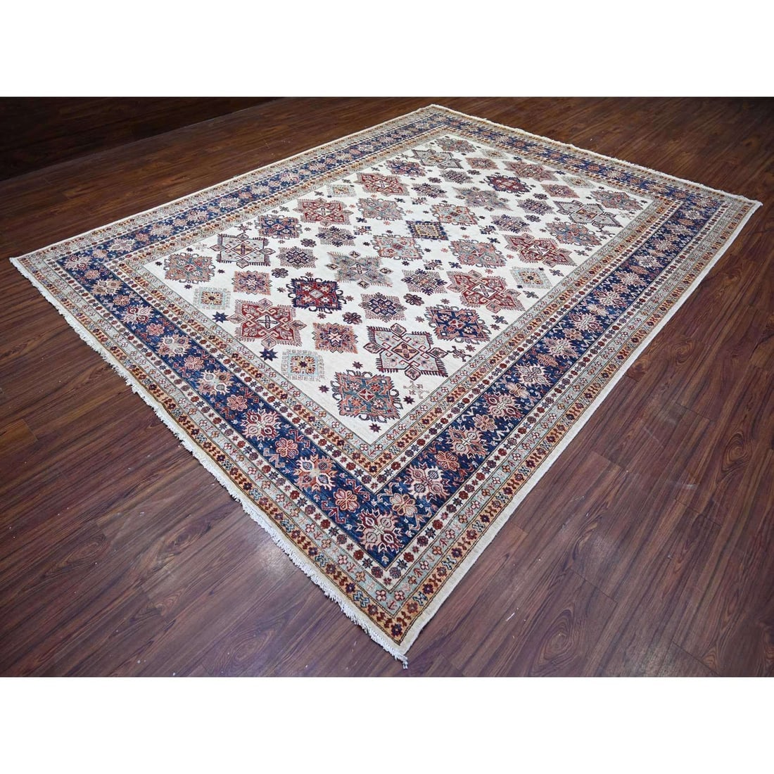 Smoky White Wool Hand Knotted Afghan Super Kazak Oriental Rug - 3