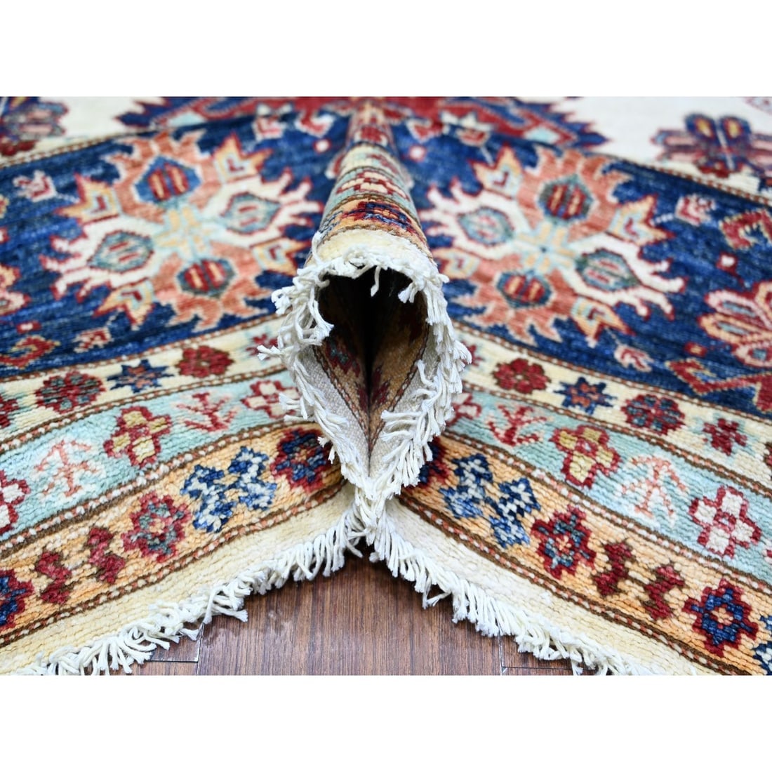 Smoky White Wool Hand Knotted Afghan Super Kazak Oriental Rug - 5