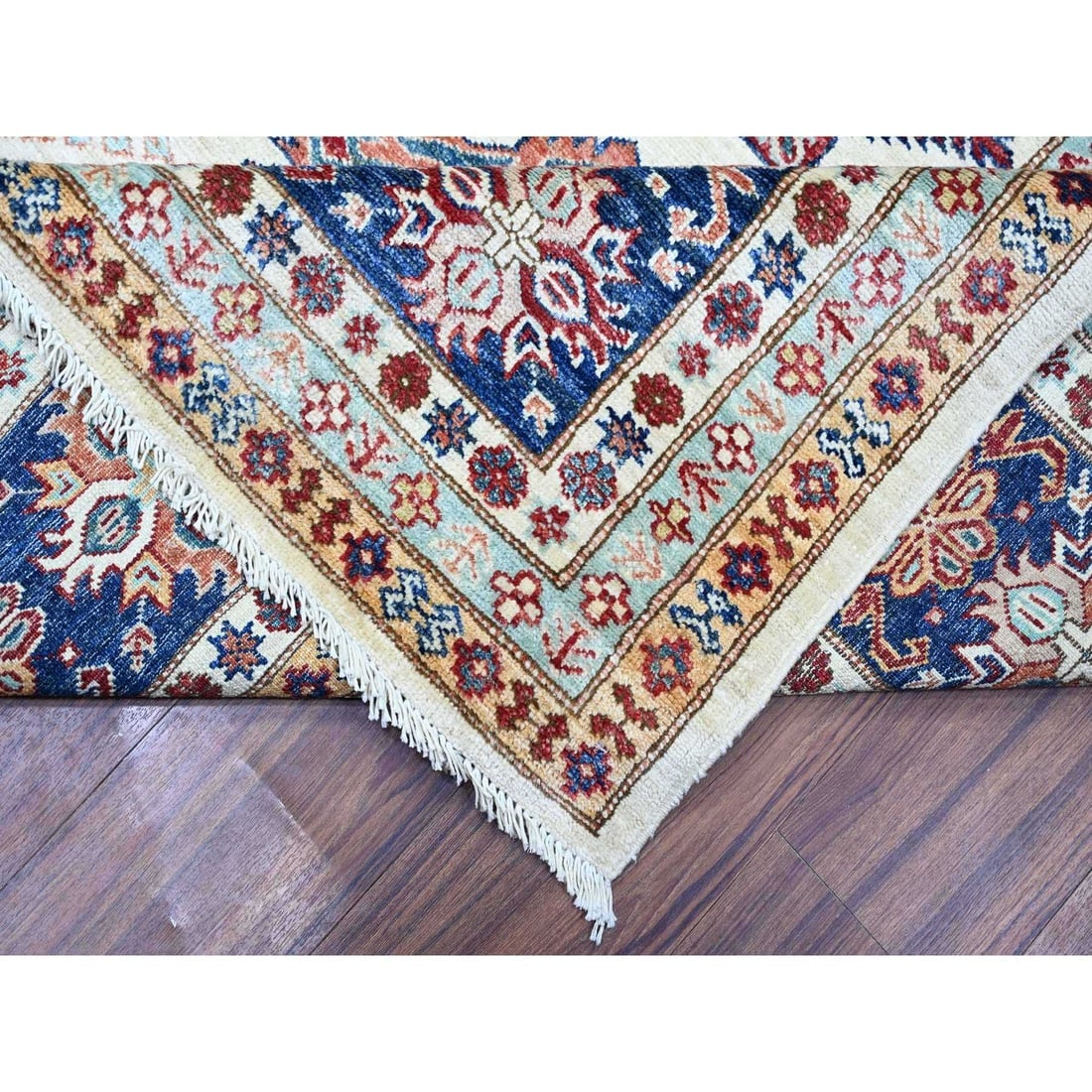 Smoky White Wool Hand Knotted Afghan Super Kazak Oriental Rug - 6