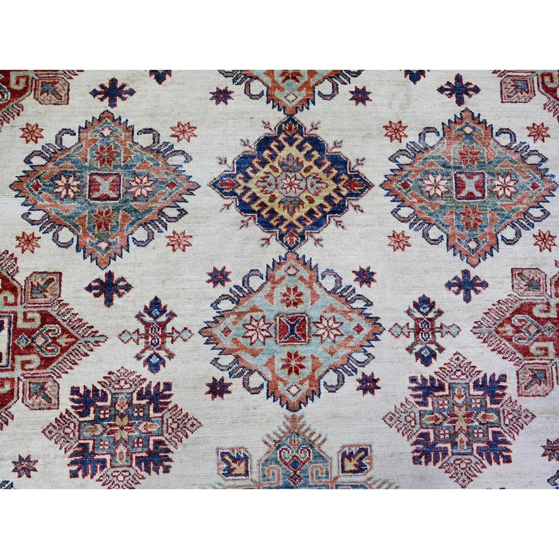 Smoky White Wool Hand Knotted Afghan Super Kazak Oriental Rug - 8