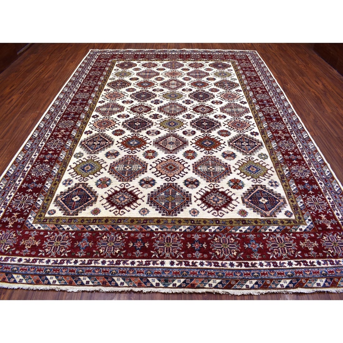 Ivory Super Kazak with Colorful Repetitive Medallions Shiny Wool Rug - 2