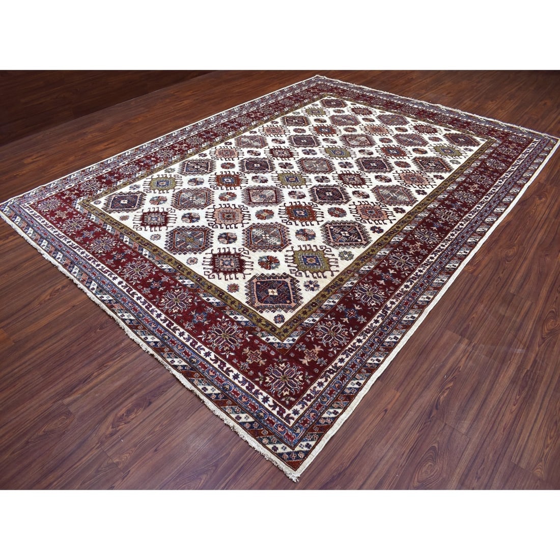 Ivory Super Kazak with Colorful Repetitive Medallions Shiny Wool Rug - 3