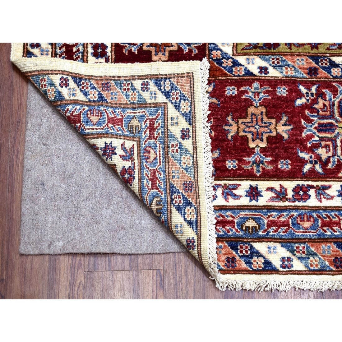 Ivory Super Kazak with Colorful Repetitive Medallions Shiny Wool Rug - 4