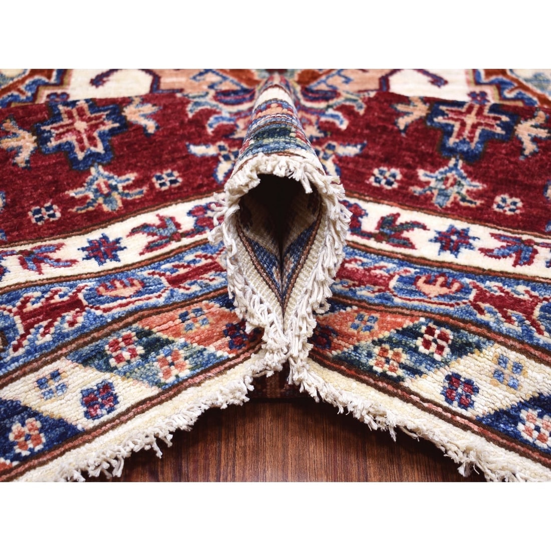 Ivory Super Kazak with Colorful Repetitive Medallions Shiny Wool Rug - 5