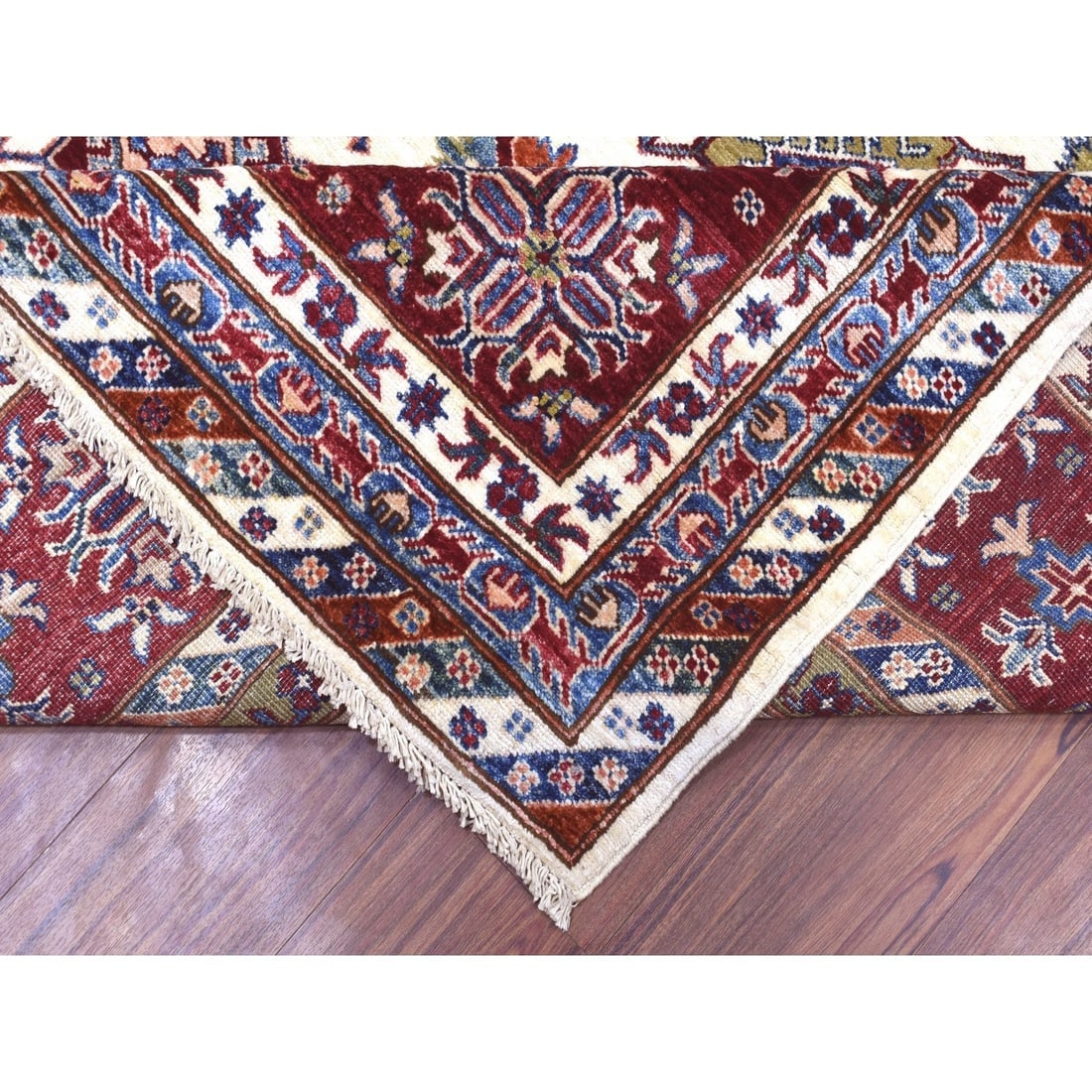 Ivory Super Kazak with Colorful Repetitive Medallions Shiny Wool Rug - 6