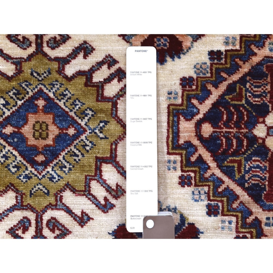 Ivory Super Kazak with Colorful Repetitive Medallions Shiny Wool Rug - 7