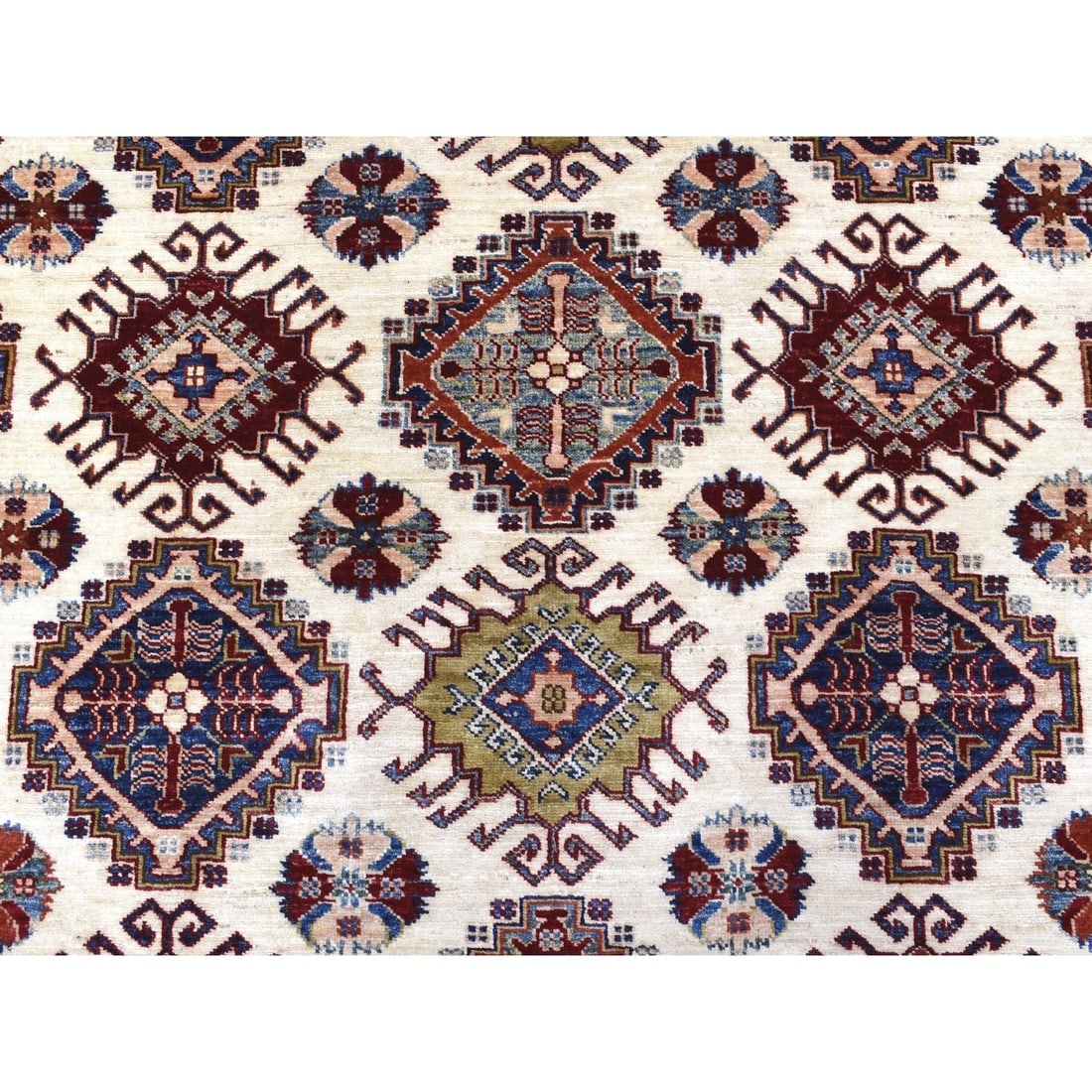 Ivory Super Kazak with Colorful Repetitive Medallions Shiny Wool Rug - 8