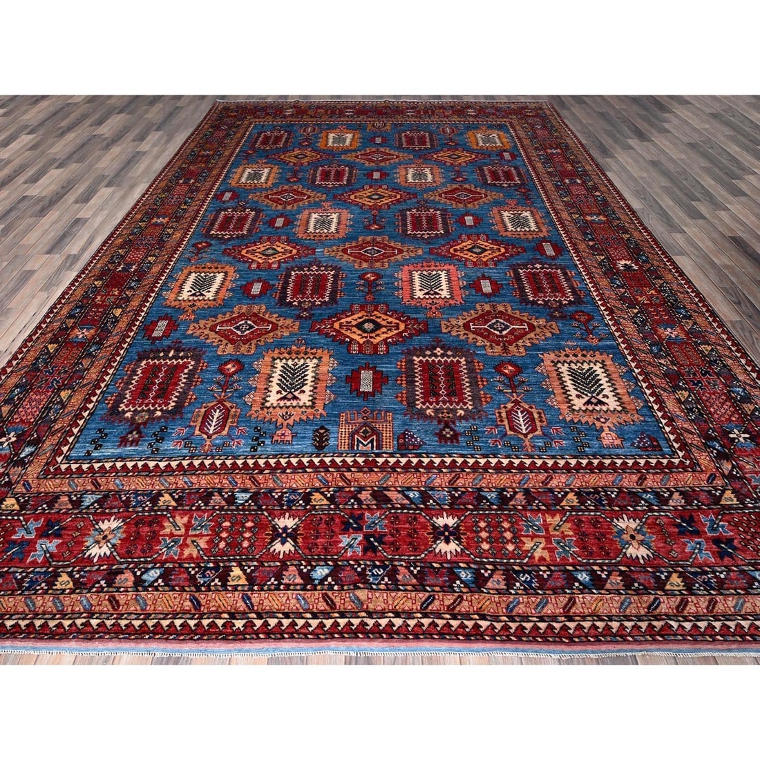 Blue Afghan Ersari with Caucasian Design Revival Hand Knotted Wool Rug - 2