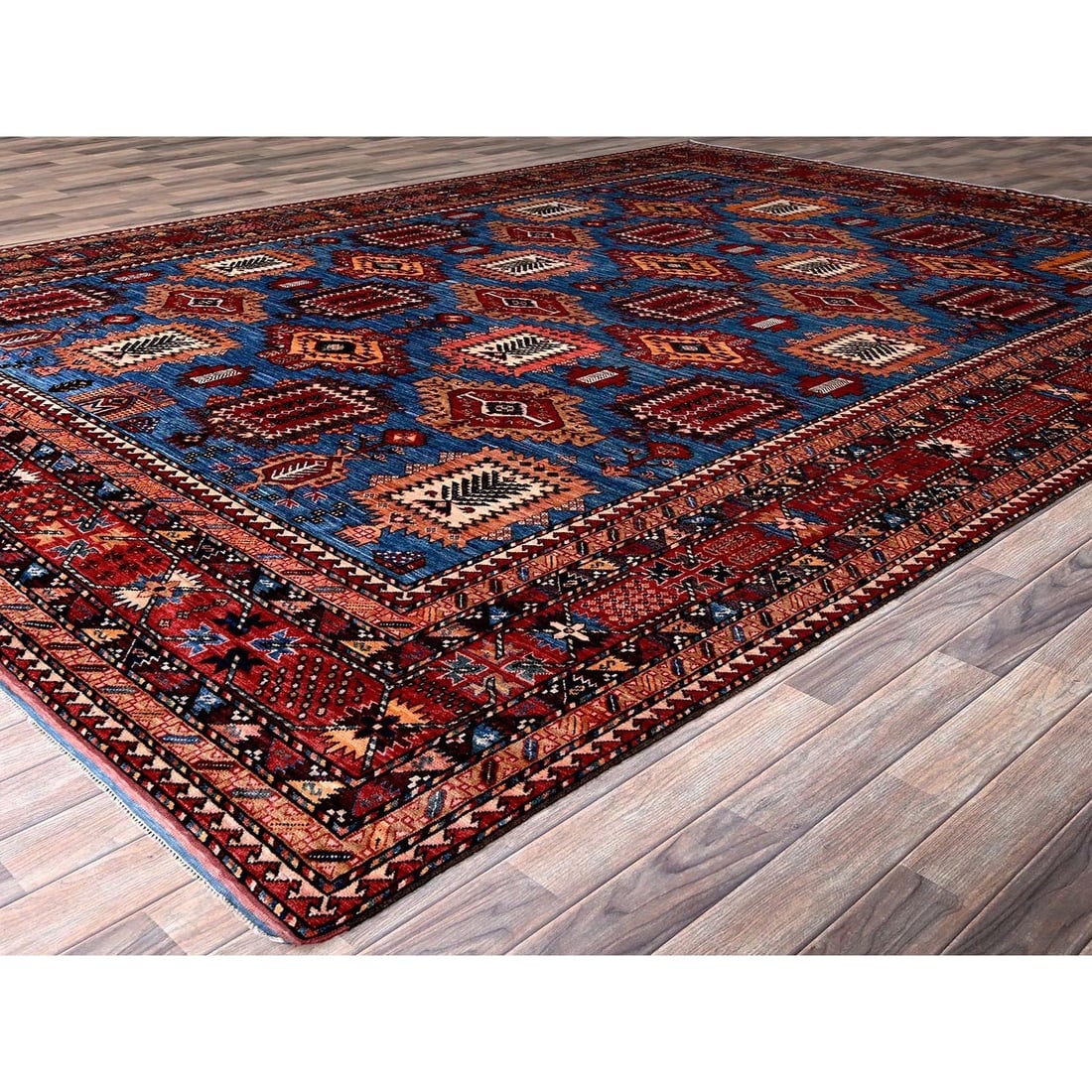 Blue Afghan Ersari with Caucasian Design Revival Hand Knotted Wool Rug - 3