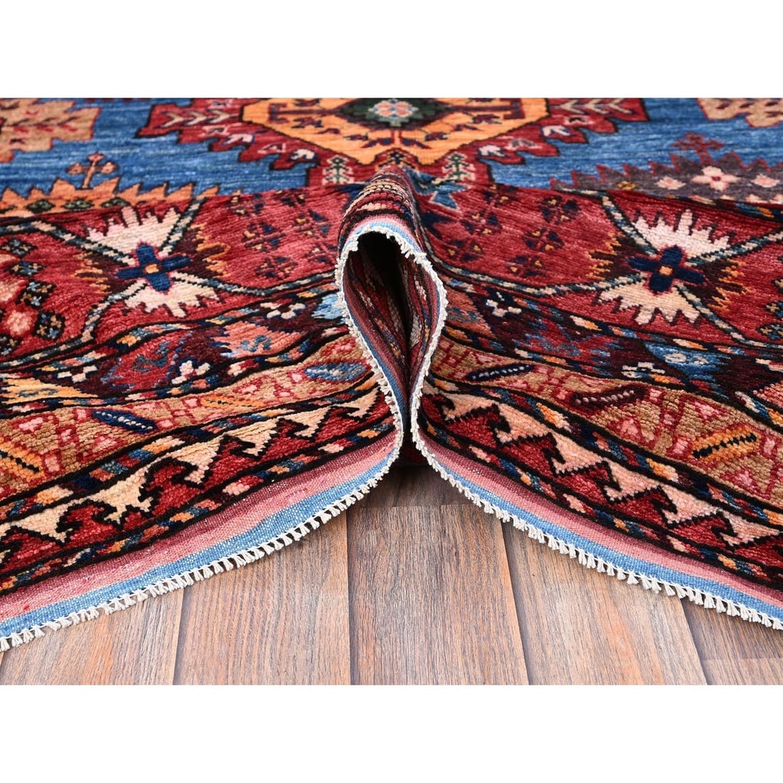 Blue Afghan Ersari with Caucasian Design Revival Hand Knotted Wool Rug - 5