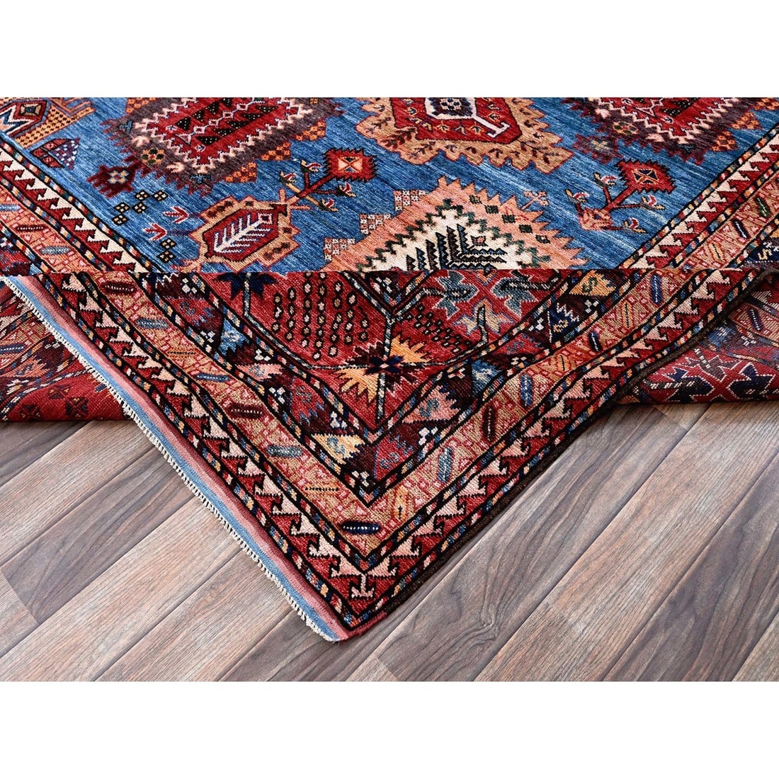 Blue Afghan Ersari with Caucasian Design Revival Hand Knotted Wool Rug - 6